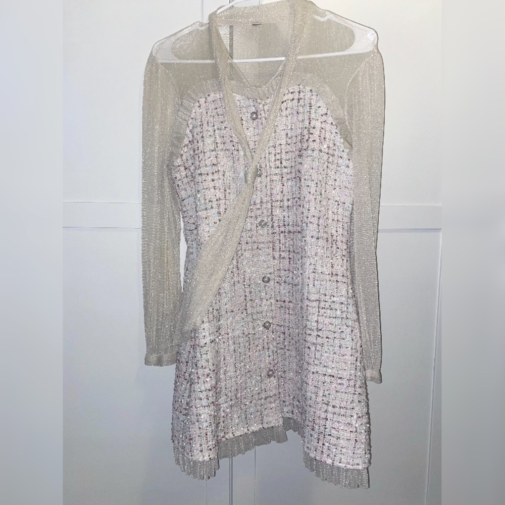 Chicwish Tweed Button-Front Dress with Sheer Long-Sleeve Overlay - Cream & Pink